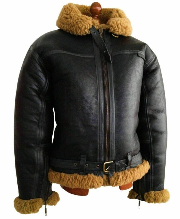 B3 Bomber Mens RAF Aviator Black Vintage Fur Shearling Leather Jacket