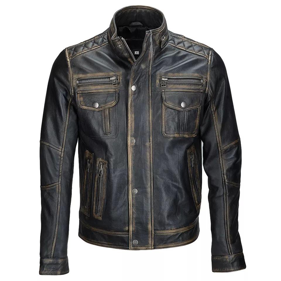 Mens Genuine Leather Biker Jacket in Black Brown Brown Distressed Lambskin Motorbike Leather Jacket for Men