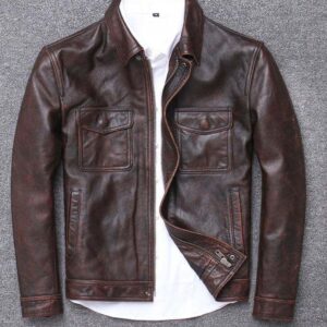 Mens Genuine Leather Jacket Biker Motorcycle Retro Classic Cafe Racer Vintage Leather Brown