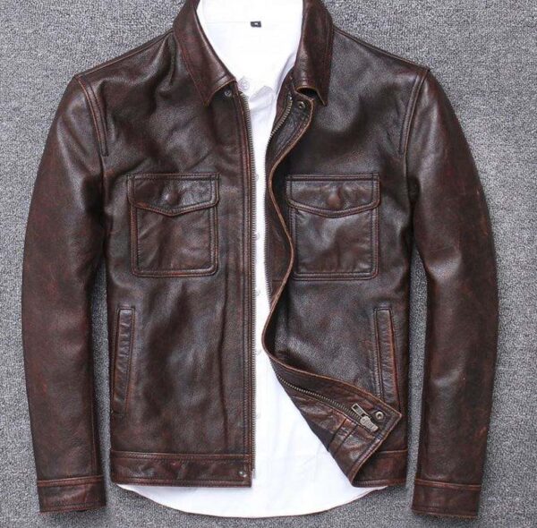 Mens Genuine Leather Jacket Biker Motorcycle Retro Classic Cafe Racer Vintage Leather Brown