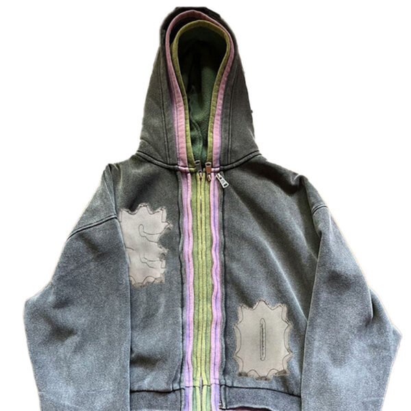 Men's Heavyweight Acid Wash Hoodie Custom Street Style Triple Zip Layer 100% Cotton Digital Printing Solid High Quality Winter