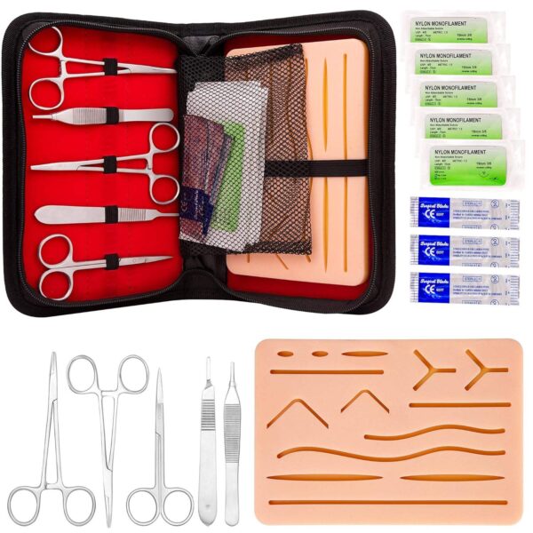 Suture Practice Kit Surgery Kit Metal Components Silicone Suture Pad Forceps Suture Thread Needle for Medical Vet Students