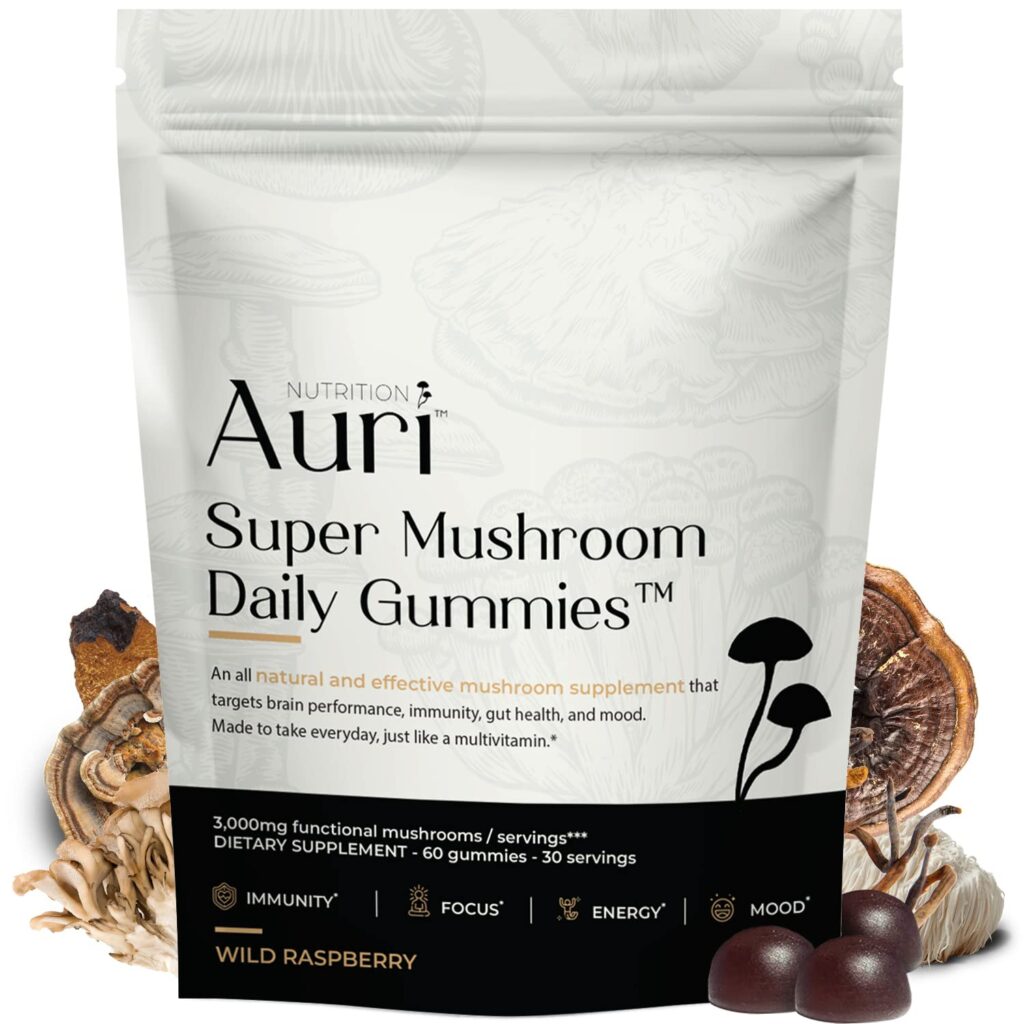 Auri Super Mushroom Gummies – 3,000mg Functional Mushroom Blend, 60 Gummies for Focus, Immunity & Daily Wellness