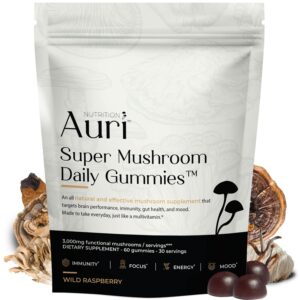 Auri Super Mushroom Gummies – 3,000mg Functional Mushroom Blend, 60 Gummies for Focus, Immunity & Daily Wellness