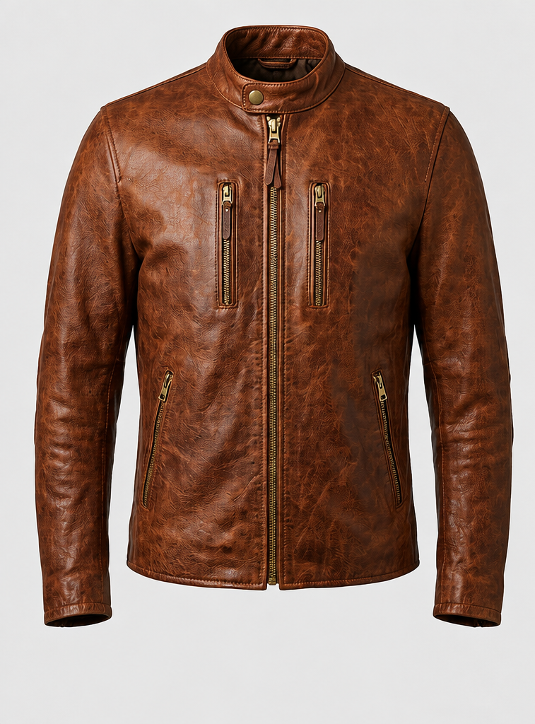 Men's Vintage Brown Genuine Leather Jacket Quilted Racer Biker Moto Coat