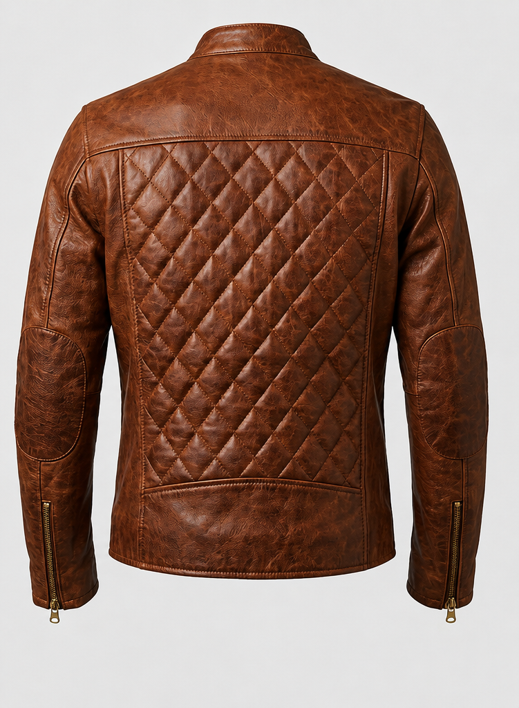 Men's Vintage Brown Genuine Leather Jacket Quilted Racer Biker Moto Coat