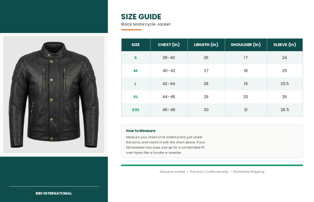 size guide black motorcycle jacket