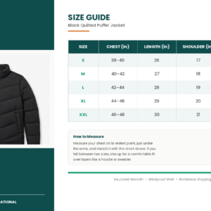 size guide black puffer jacket