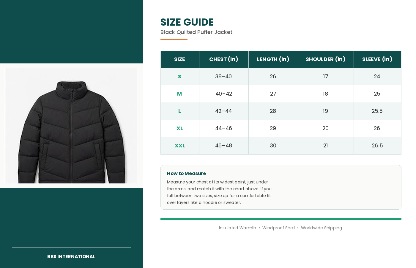 size guide black puffer jacket