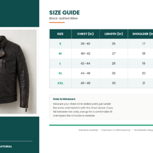 size guide black quilted jacket