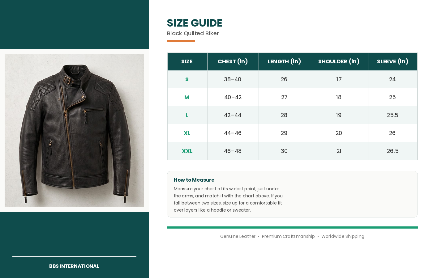 size guide black quilted jacket
