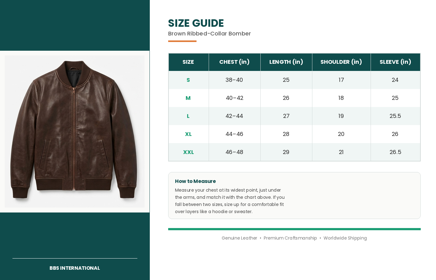 size guide brown bomber jacket