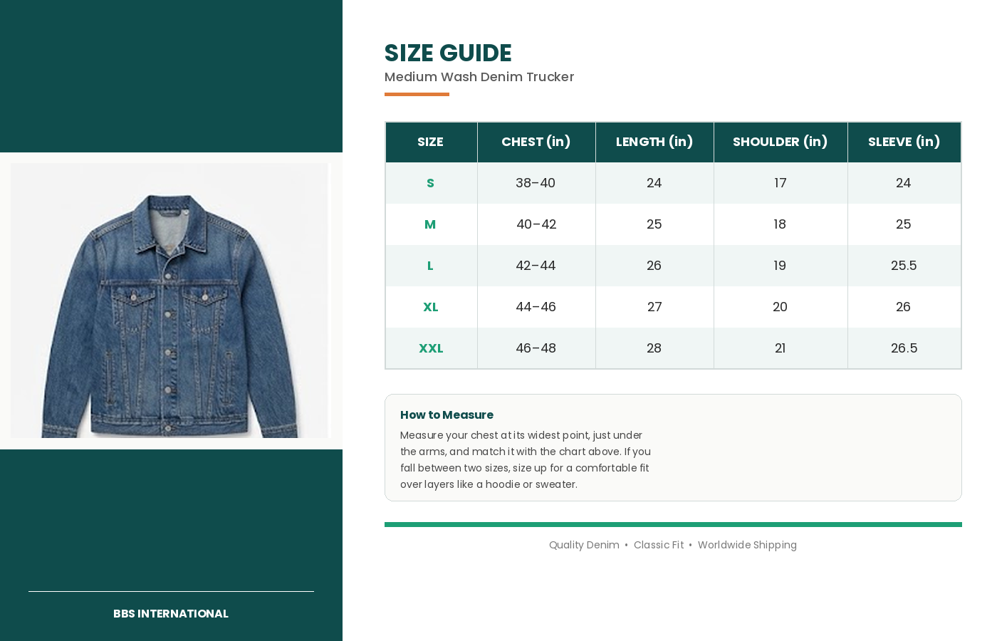 size guide denim jacket