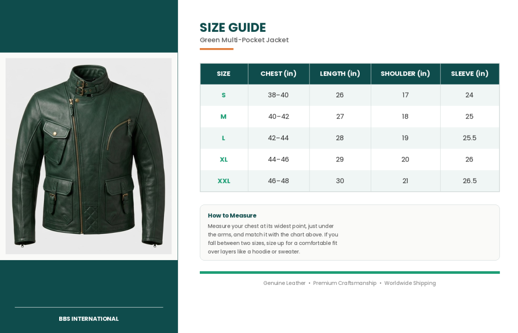 size guide green multipocket jacket