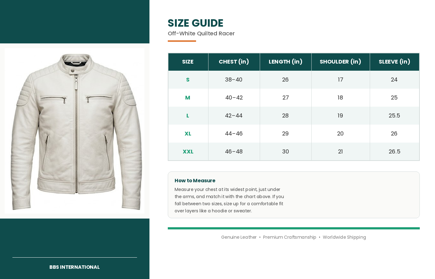 size guide offwhite jacket