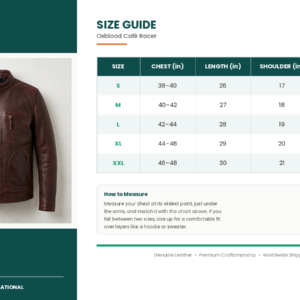 size guide oxblood caferacer jacket