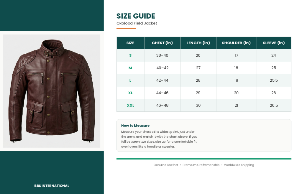 size guide oxblood field jacket