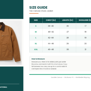 size guide tan chore jacket