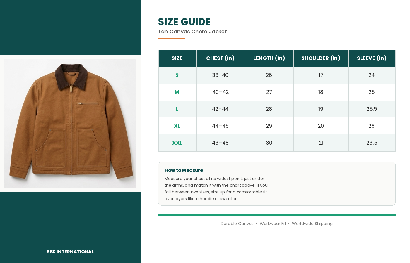 size guide tan chore jacket