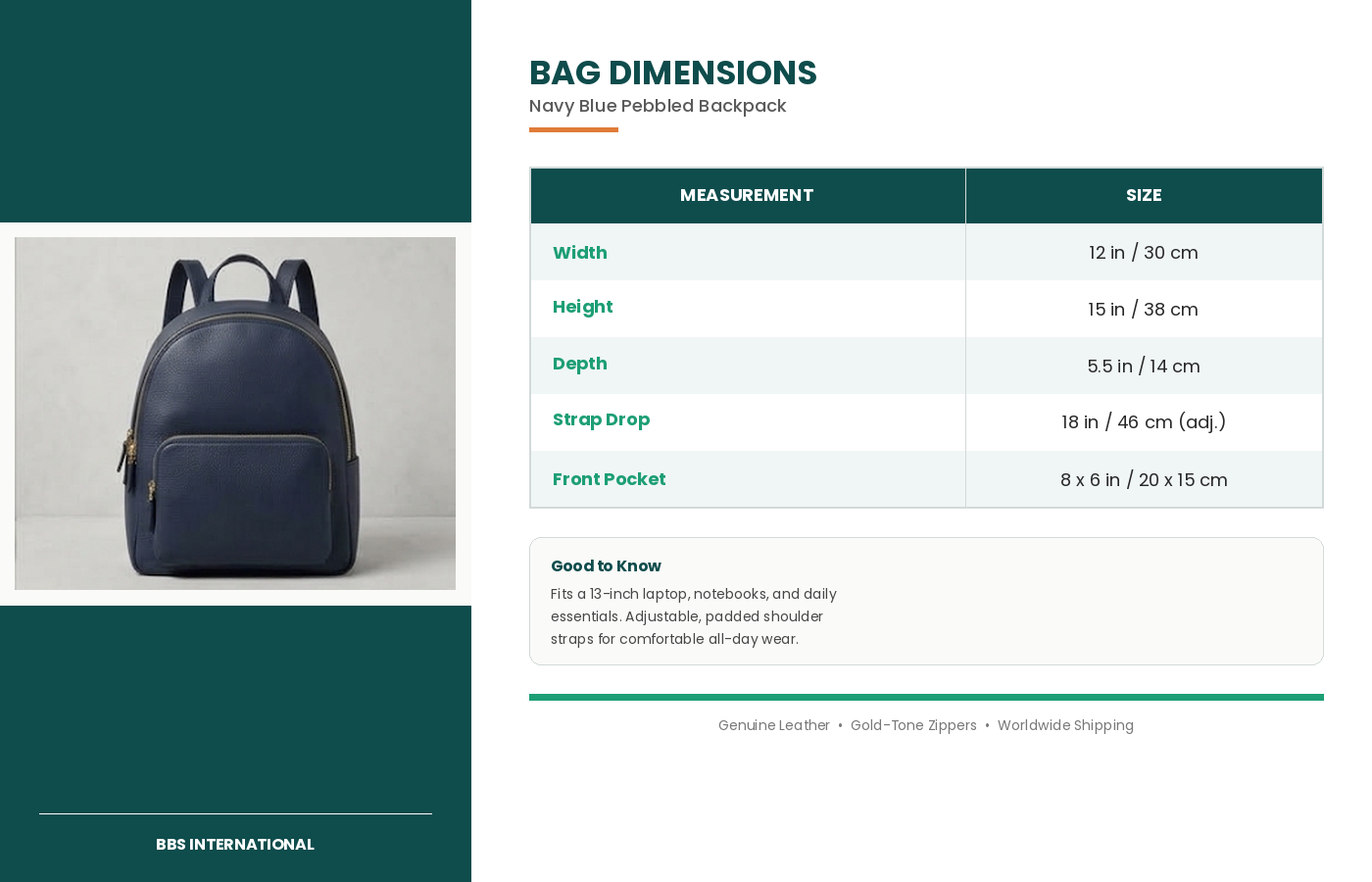 dimensions guide navy backpack