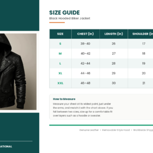 size guide black hooded biker jacket
