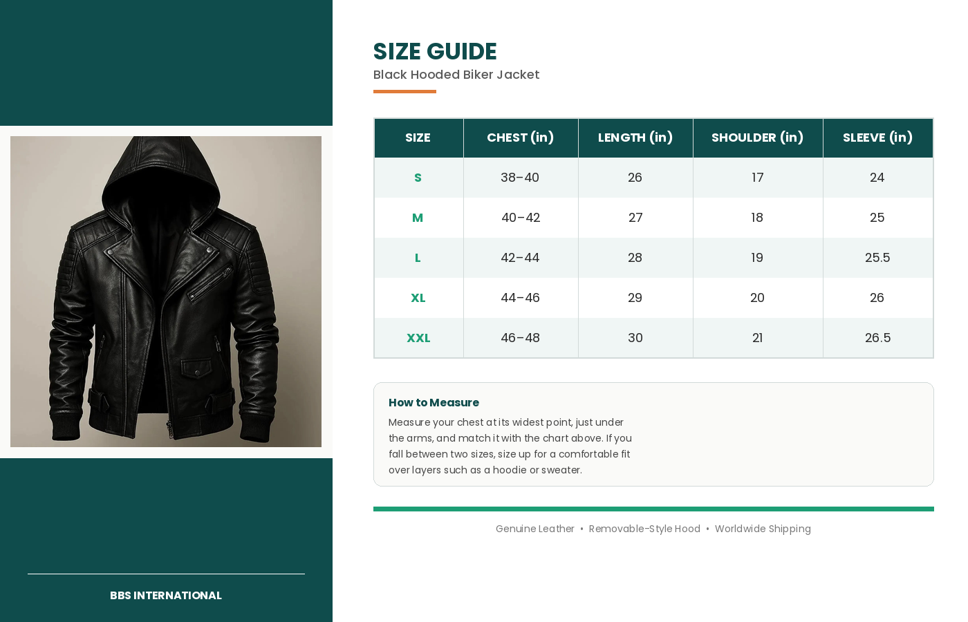 size guide black hooded biker jacket