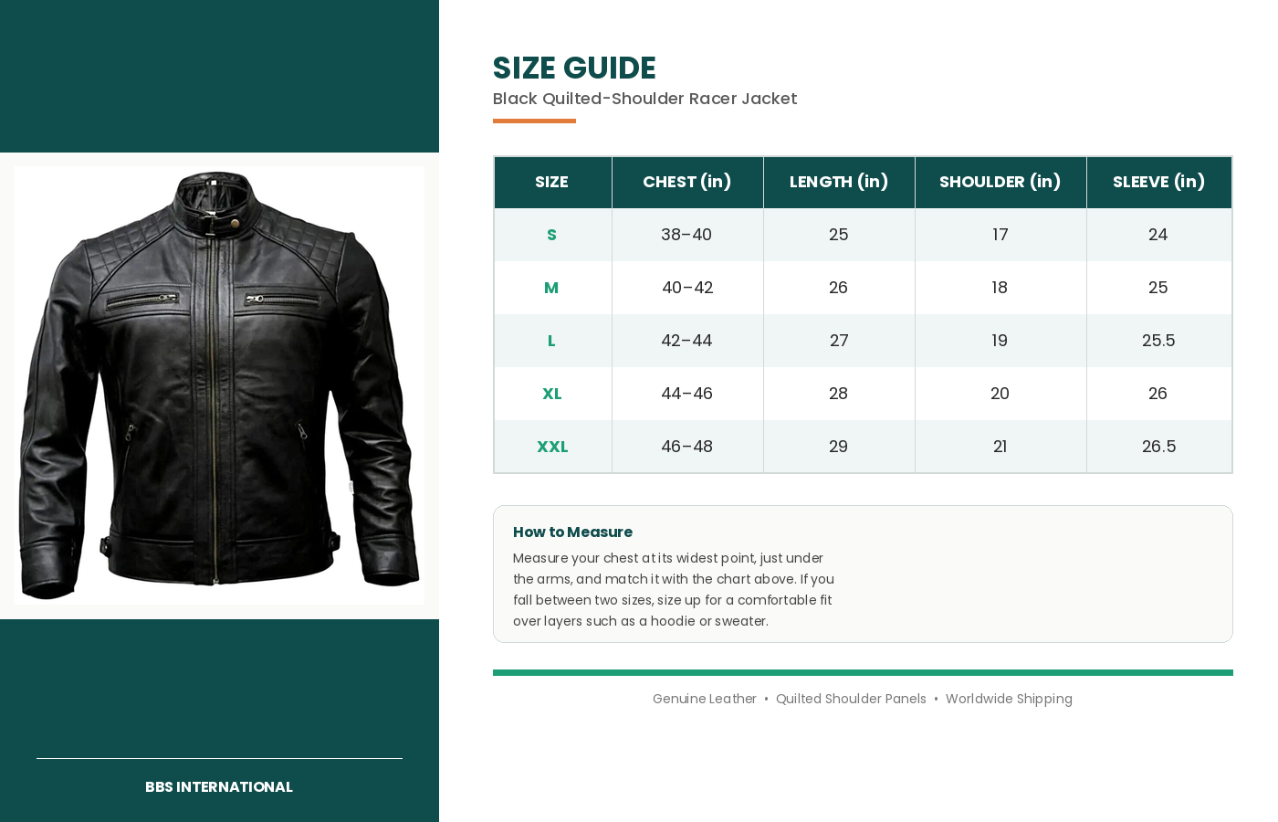 size guide black quilted racer2