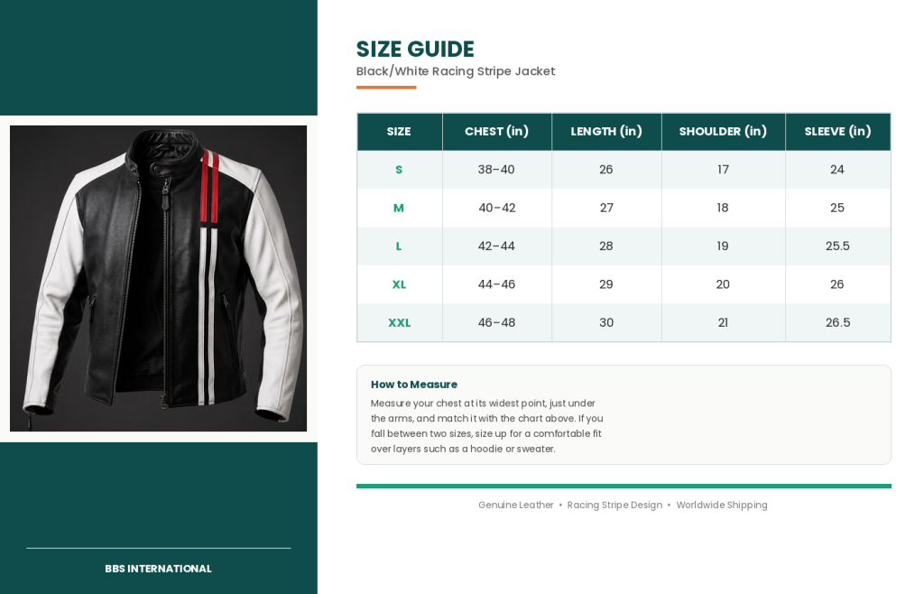 size guide black white racer jacket