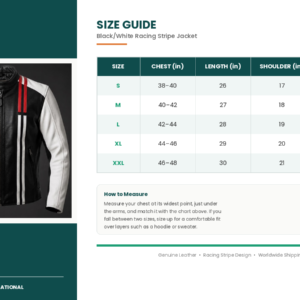 size guide black white racer jacket