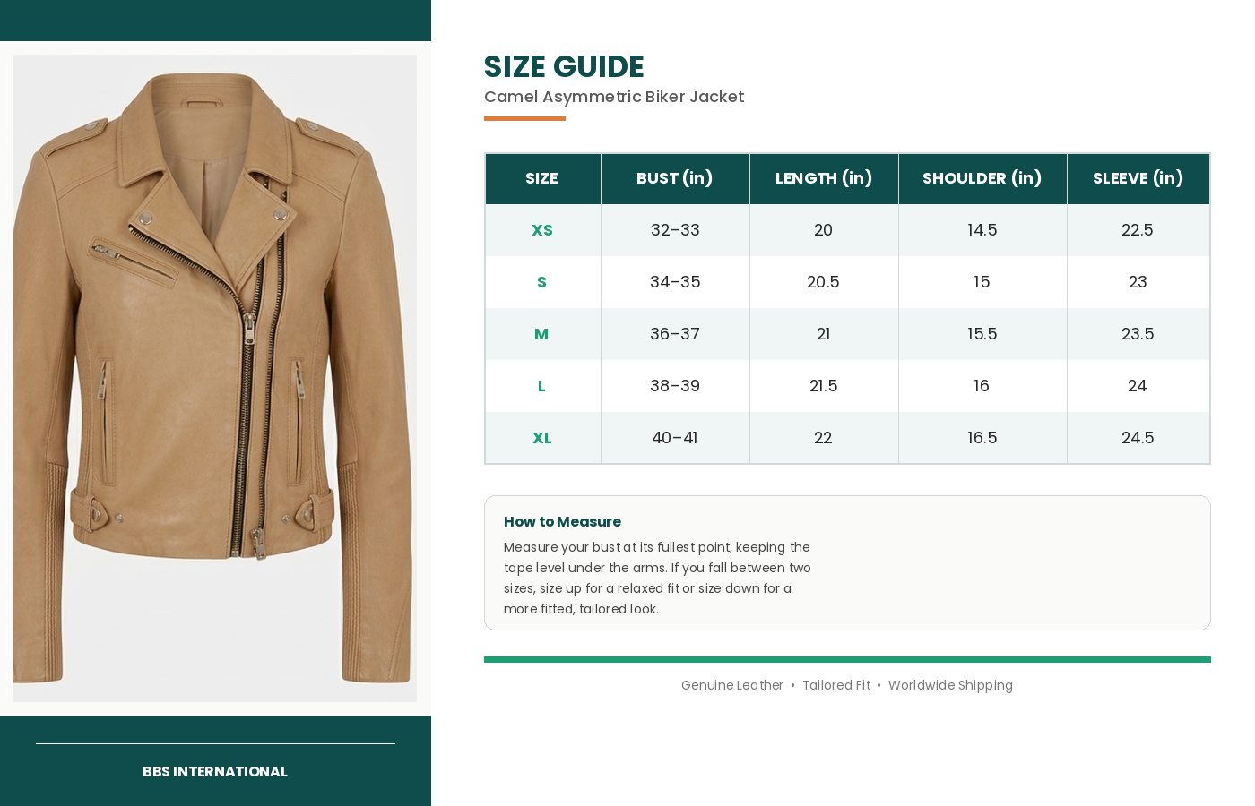 size guide camel biker jacket