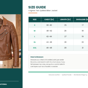 size guide cognac quilted biker