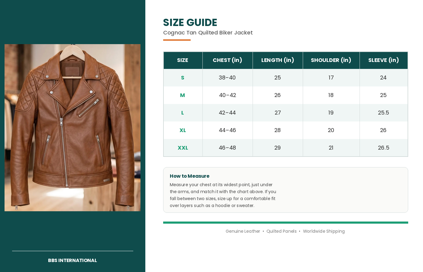 size guide cognac quilted biker