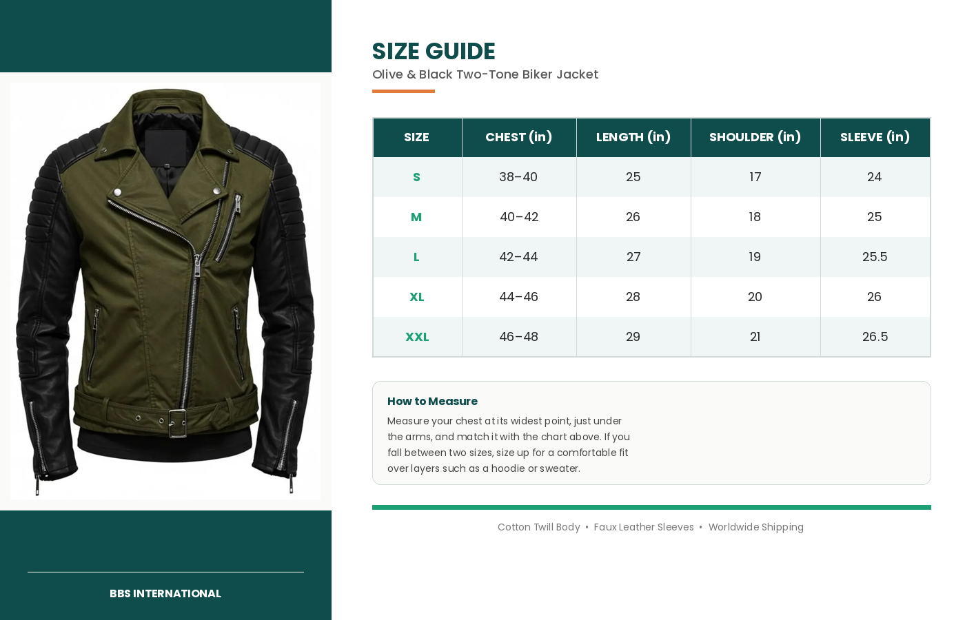 size guide olive black biker jacket