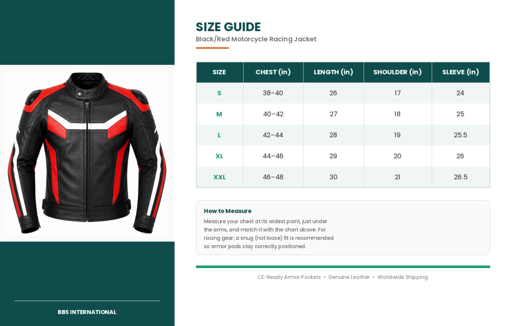 size guide racing jacket